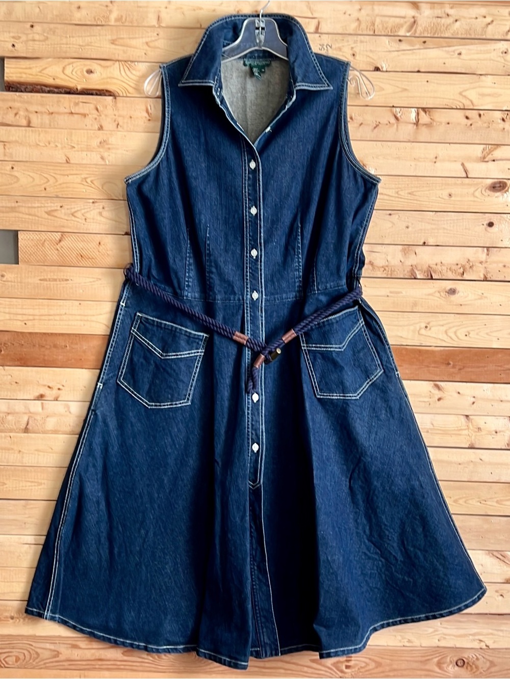 Vintage Ralph Lauren Dark Wash Western Button Up Midi Denim Dress Plus Size 14W